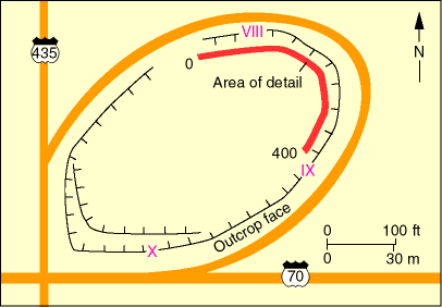 Study site in outcrop at interchange of interstate highways 70 and 435.