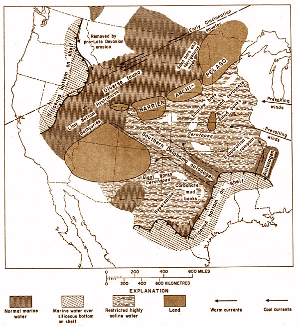 Map of western US shows Kansas covered by highly saline water, restricted circulation; barrier archipelago to northwest in Colorado, Nebraska, Minnesota.