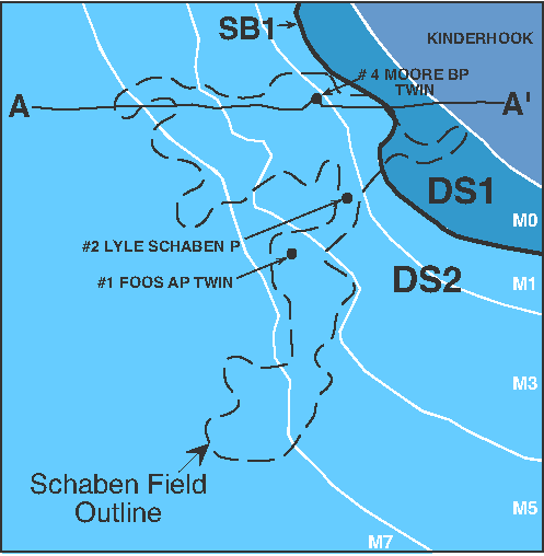 Schaben mostly Osagian; Kinderhook in very eastern-most area; cross section runs east-west across northern part of field.