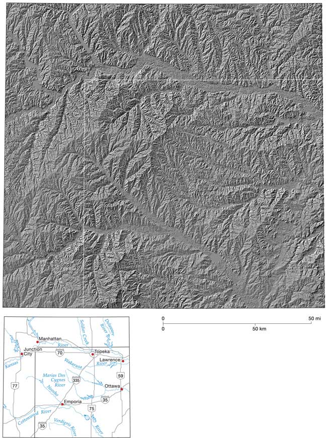 Shaded relief map generated from DEM files of quadrangles.