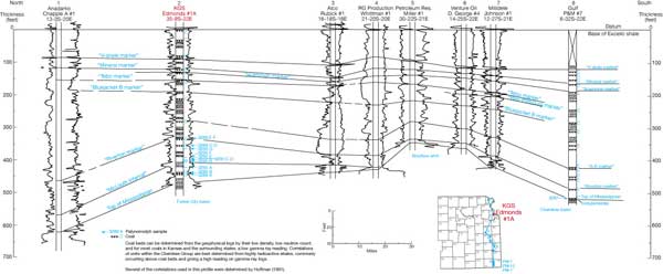 Cross section; Tebo, Weir-Pitt, and Bluejacket B are not in southern-most well; Scammon and A-B are not in the northern-most well; V-shale, Mineral, Riverton, McLouth are in all of them.