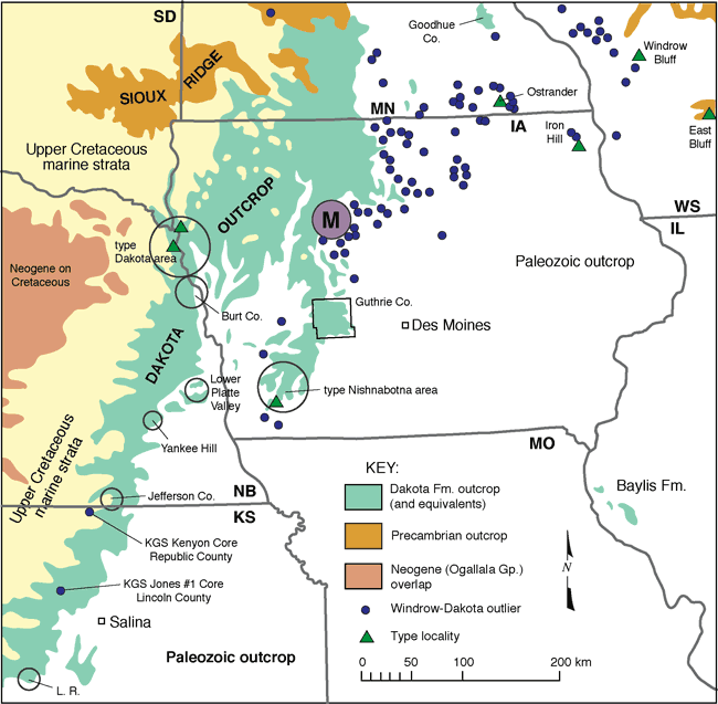 Dakota outcrop runs from centeral Kansas through eastern Nebraska, western Iowa, and southern Minnesota; outliers stretch to northern Iowa, SE Minnesota, and SW Wisconsin.