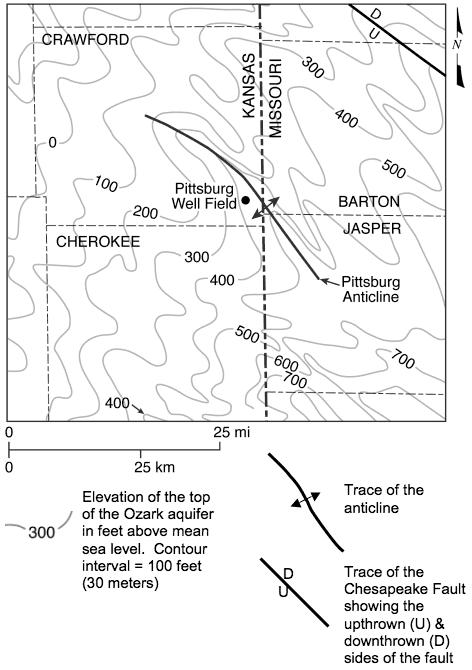 Elevation at 0 feet in Crawford Co., rises to 500 feet to SE in Cherokee Co. and 700 feet in Jsper Co. (Missouri).