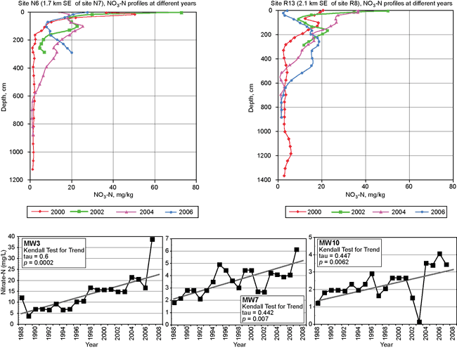 Top figures--NO3-N generally drops with depth, though several have a high zone at medium depths, highest values in 2002 and 2004, lower in 2000 and 2006; lower charts show Nitrate-N generally rising from 1988 to 2008.