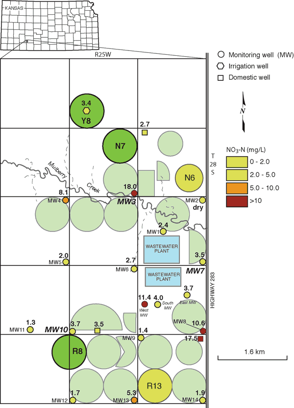 Highest values found at MW3, MW8, and west MW; lower values at MW2, MW9, MW11, MW12, MW14.