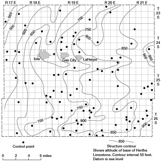 Base of Hertha Limestone at 500 feet above sea level in NW; rises to 900 in SE and 950 in east-central.