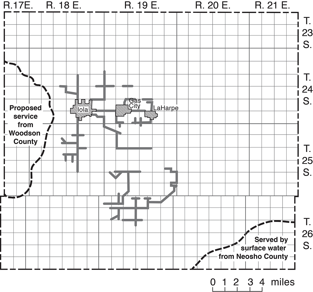 Map of Allen Co. showing connections of water supplies from Iola to otehr cities and rural districts.