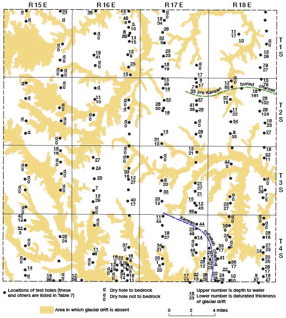 Saturated thickness and depth to water for test holes in glacial drift; buried channel located in northern parts of T. 2. S., Rs. 17 and 18 E.