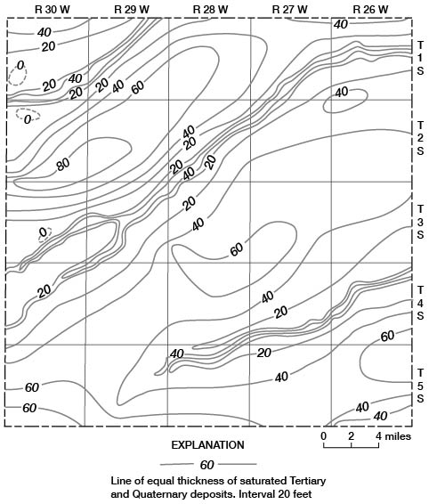 Thickness rises from 40 to 80 feet in NW, drops to 20 in central part of county; rises to 60 in SE; all trends from SW to NE.