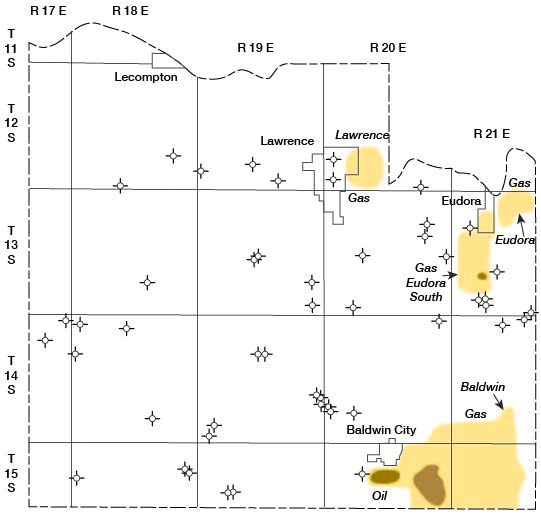 Map of Douglas County showing location of oil and gas fields and dry holes drilled outside of producing areas prior to January 1957.