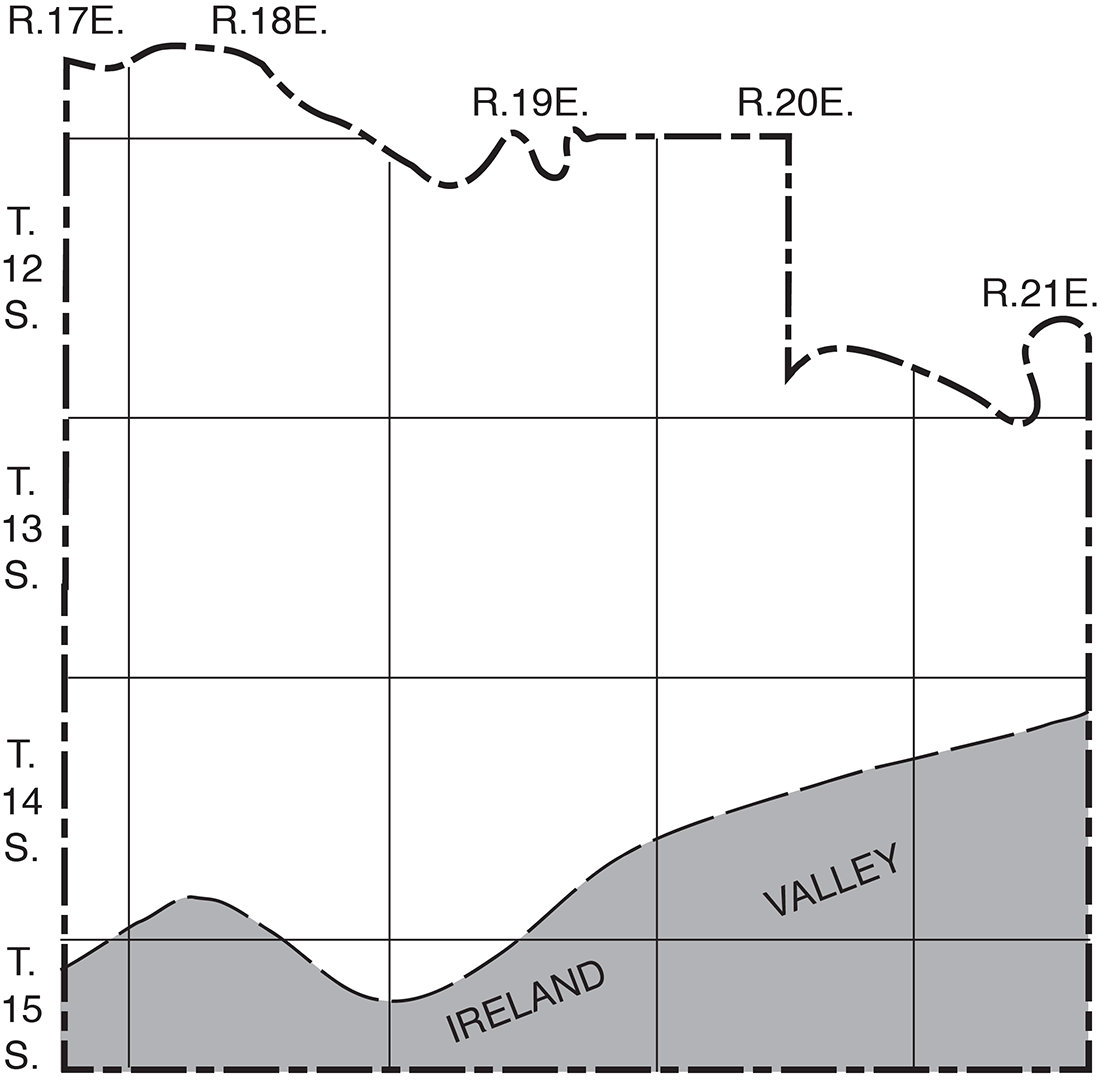 Ancient valley in which Ireland Sandstone member of Lawrence Shale 
was deposited runs along southern edge, wider to east.