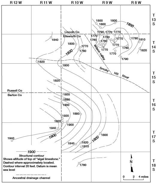 In SW Ellsworth, limestone slopes from west (1920 ft) to east (1790 ft); channel in Wilson valley area drops from 1820 to 1770 and then back up to 1800 from west to east.