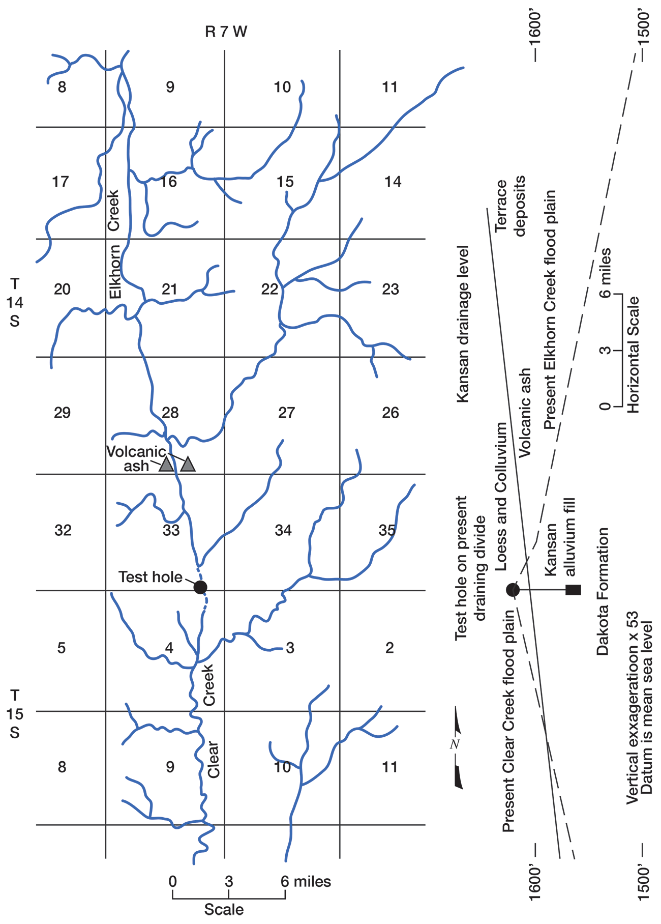 Map and cross section show changes in slope that facilitated creek capture.