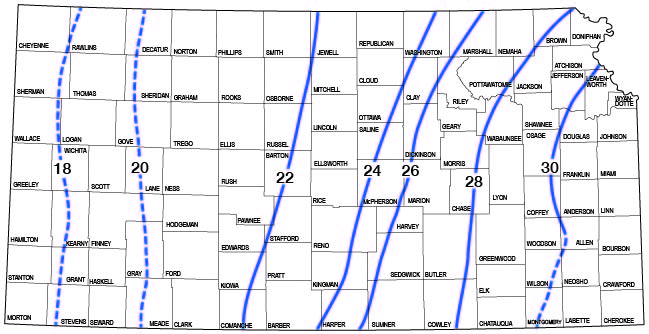 Water loss slopes from west to east, values of 18 in far west (20 line runs through Gove) increase to 30 in eastern Kansas.