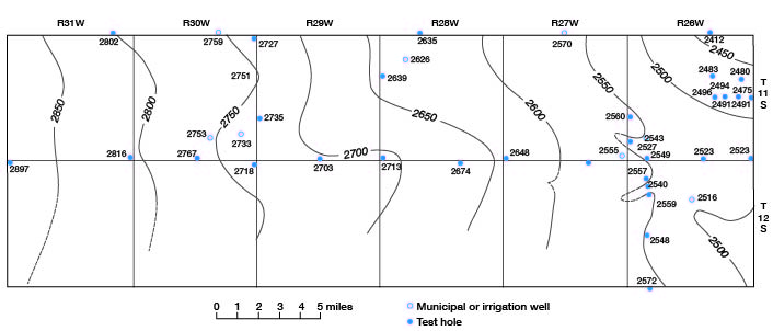 Contour map, slopes from west to east, 2850 in west dropping to 2450 in east.