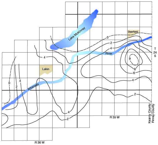 Level rose 2-4 feet south of Lakin, 4-9 feet in small zone south of Deerfield.