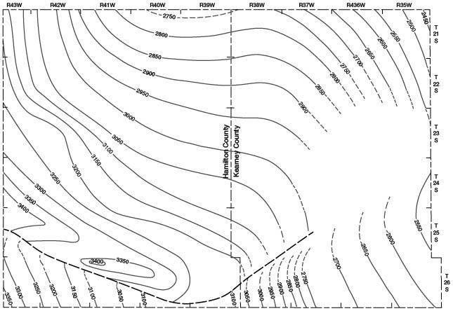 Structure slopes from 2450 in NE Kearny to 3400 in Southern Hamilton just North of fault.