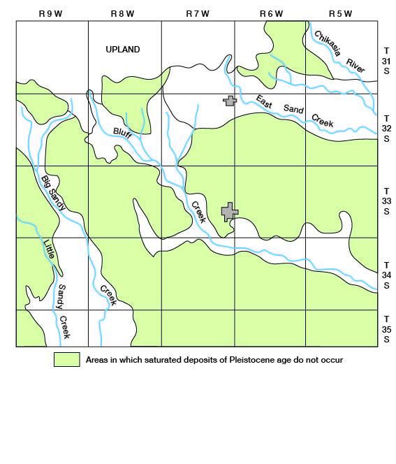 Saturated deposits limited to north tier of sections and along creeks.