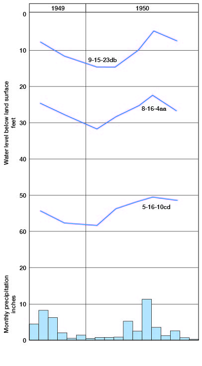 All three wells seem to mirror monthly precipitation, dropping in fall-winter 1949-1950 and rising in mid 1950.