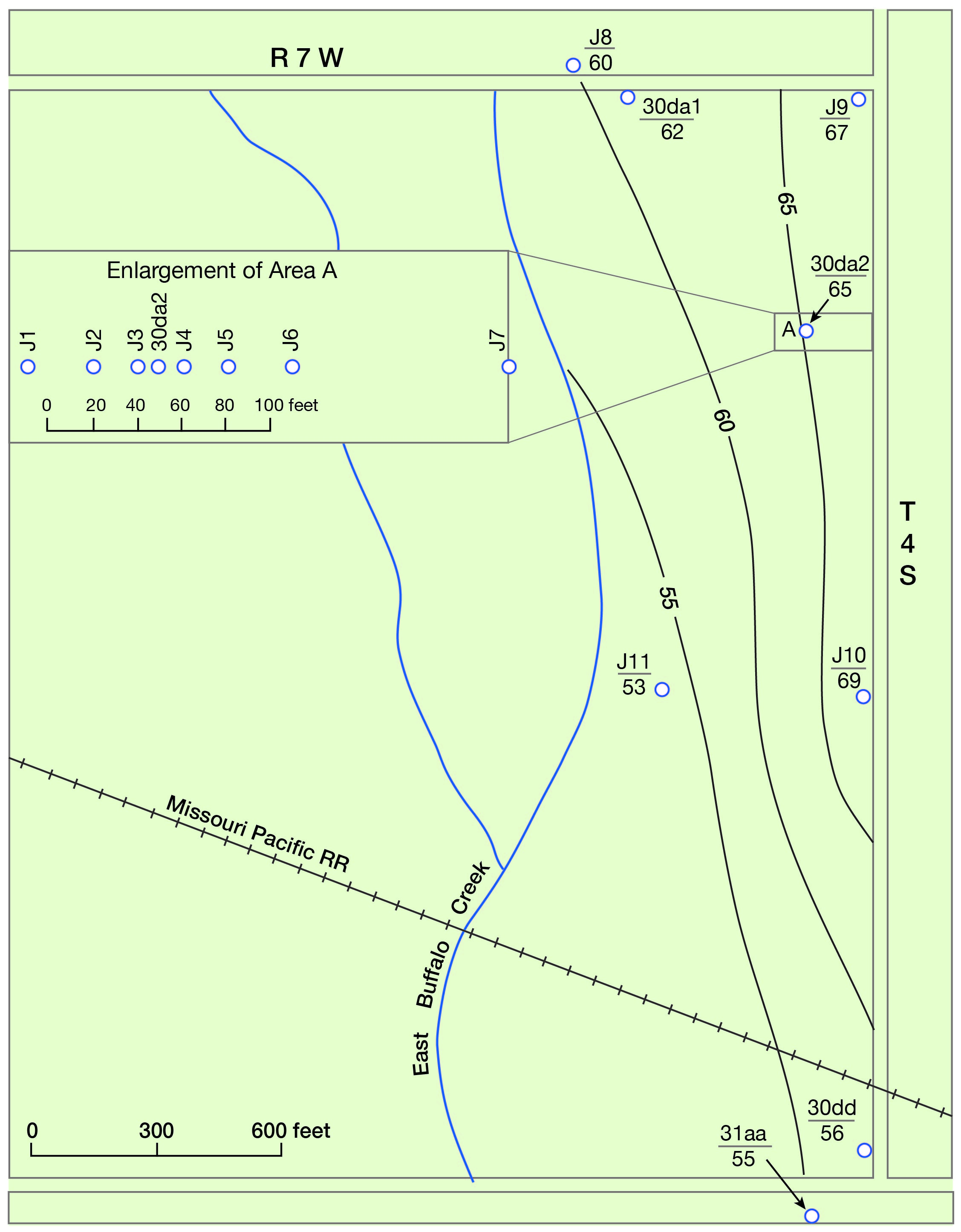 Contours drop from 65 to 55 in westward direction.