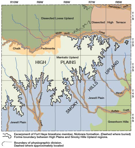 High Plains covers east-west zone in center of county; disected loess upland and high terrace is in north; Smoky Hills upland in south and southeast; Greenhorn hills in far SE.