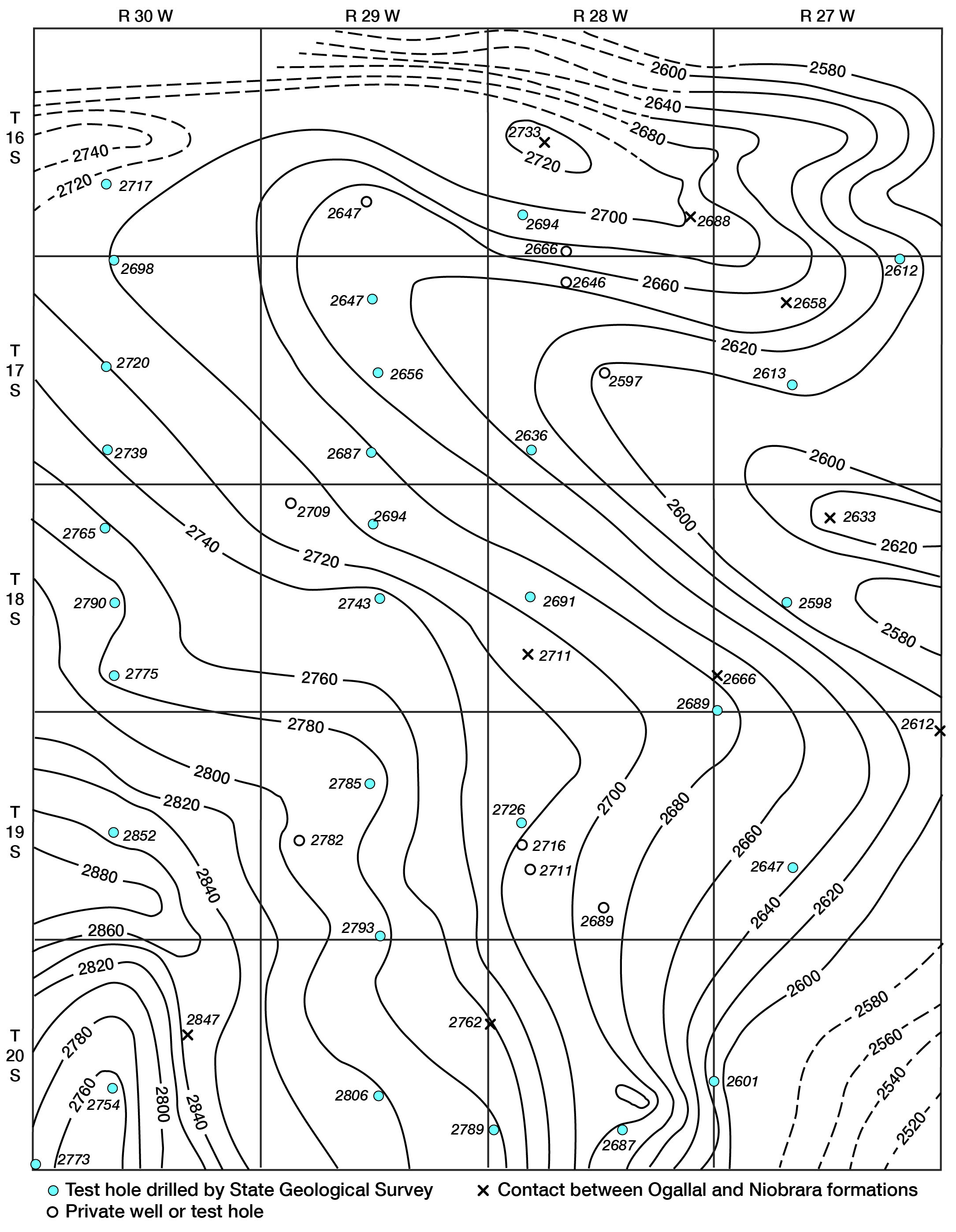 High of 2720 in north-central and 2760 in far SW; drops to east (2633) and SE (2600).