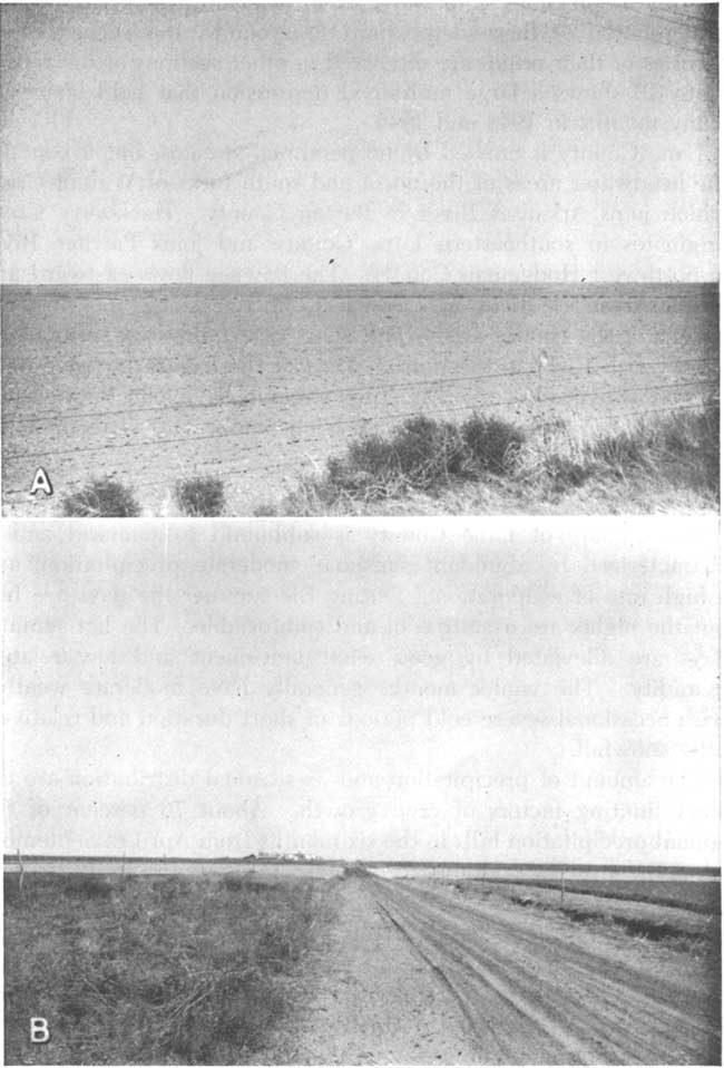 Top photo of flat disked field, light color soil, barb-wire fence with tumbleweeds in foreground; Bottom photo of dirt/gravel road heading toward water-filled low point in plain.