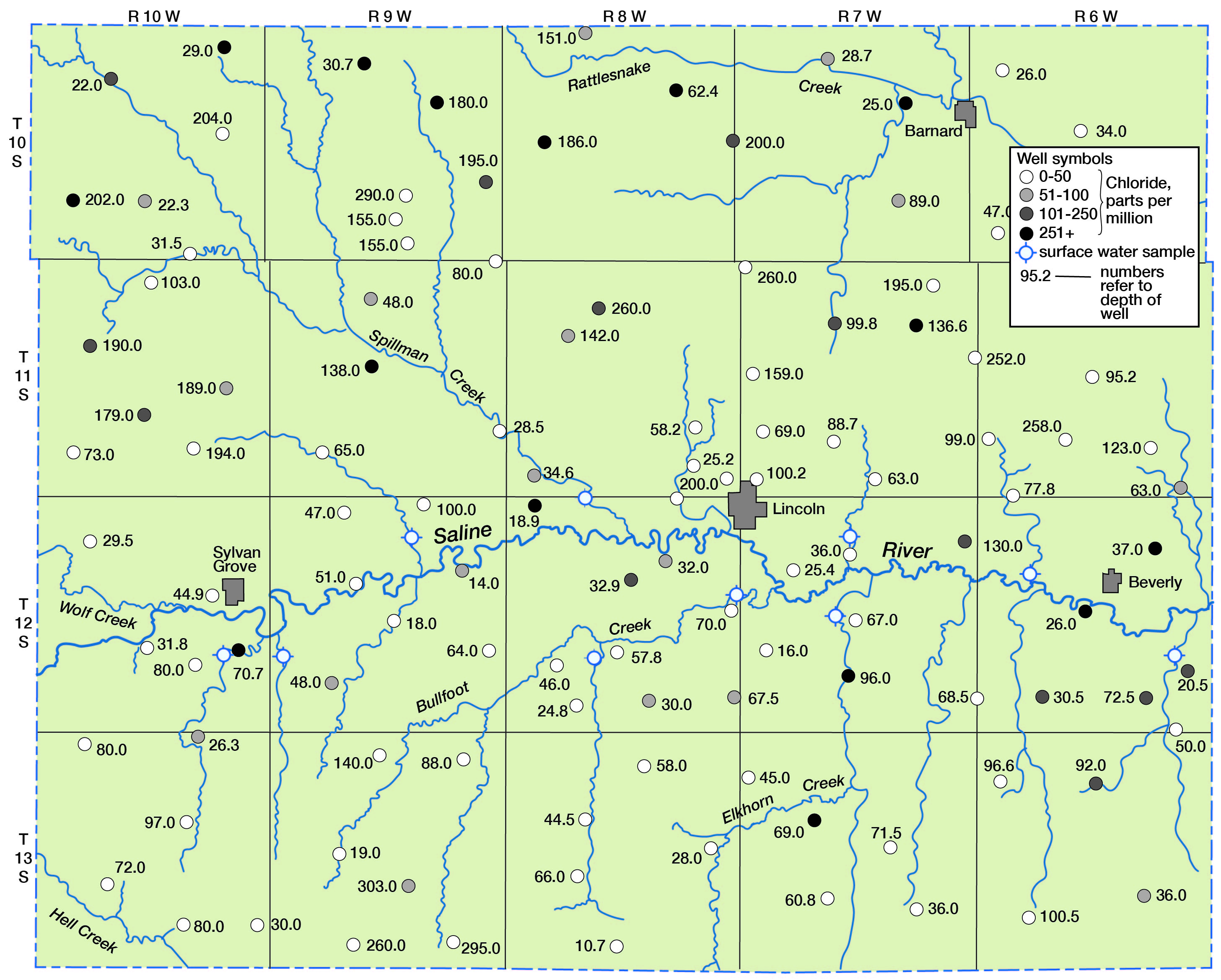 Map of Lincoln Co. with locations colored based on chloride content and labeled with depth of well.