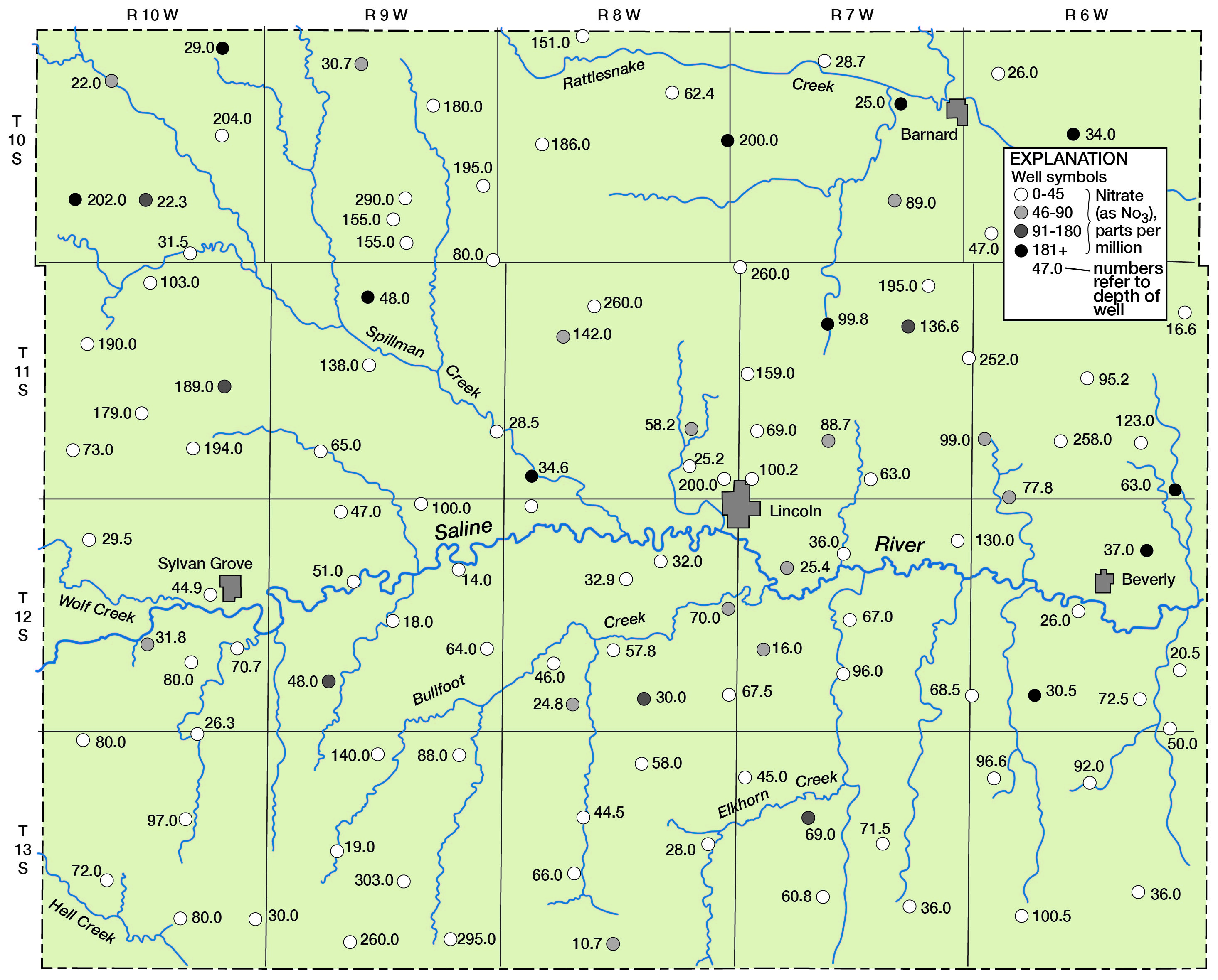 Map of Lincoln Co. with locations colored based on nitrate content and labeled with depth of well.