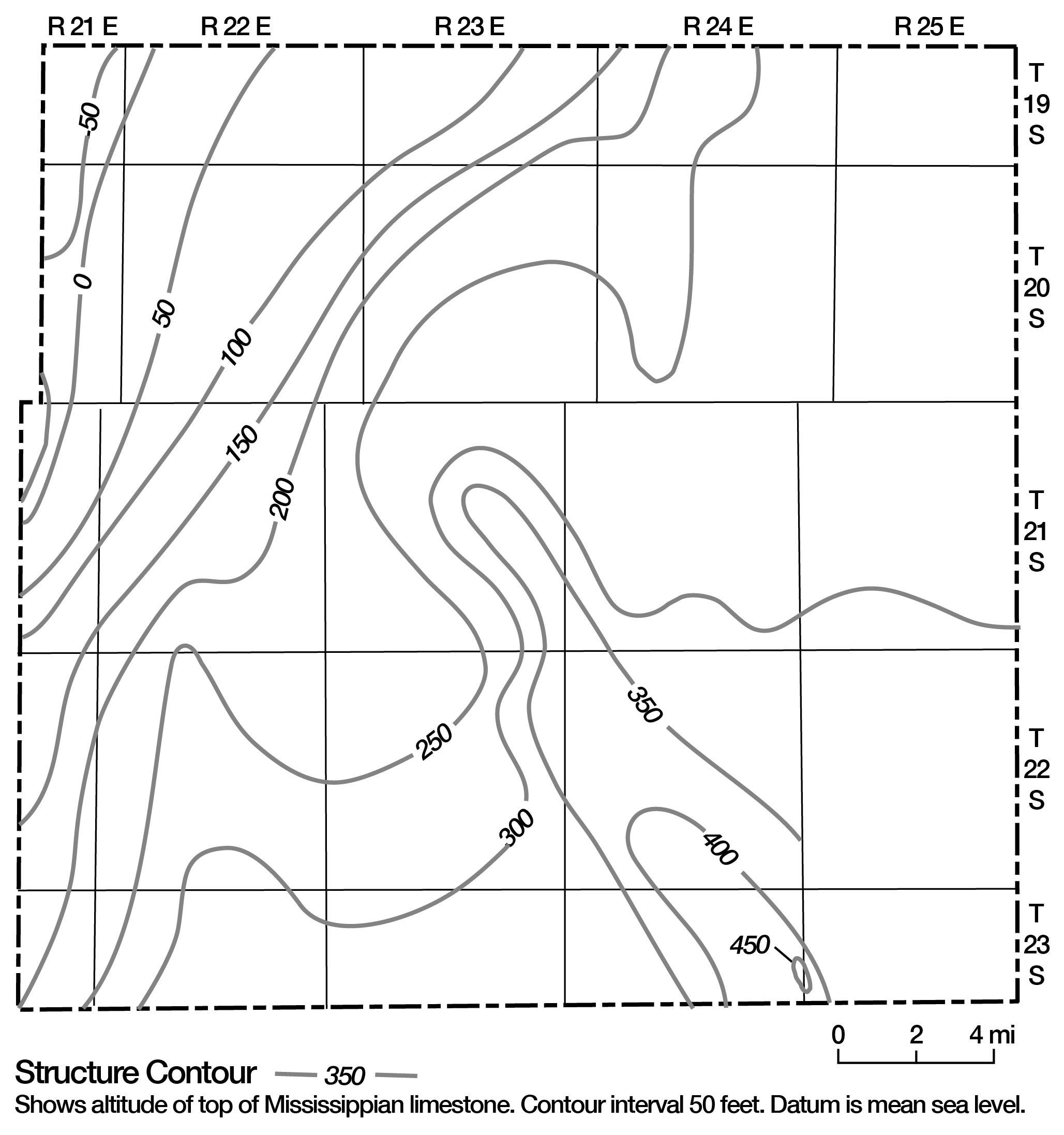 Mississippian Ls as high as 450 in SE Linn Co, drops 500 ft towards NW part of county.