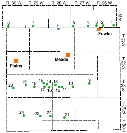 Wells 1-8 in north tier of sections; rest in southwest corner.