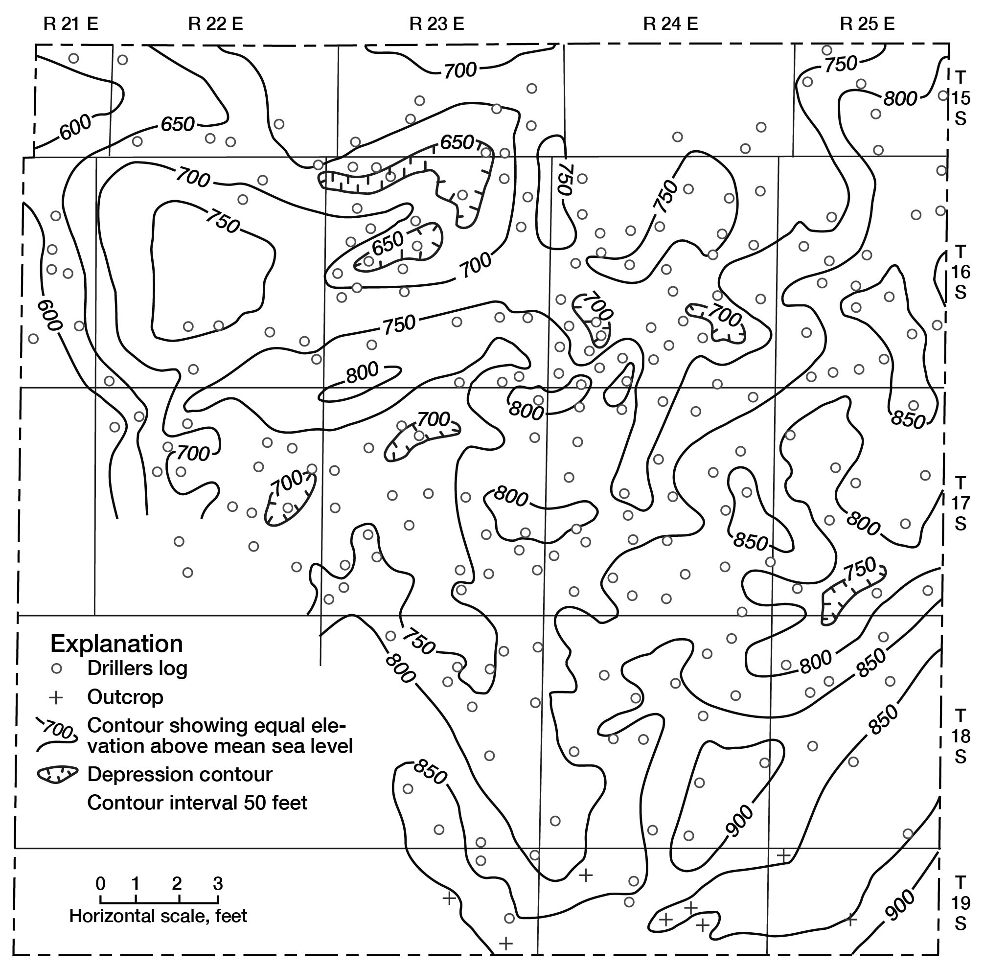 highest areas to southeast (900 ft above sea level), lowest in northwest (650 ft)