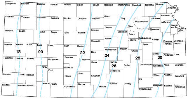 Water loss slopes from west to east, values of 18 in far west (22 line runs to west of Mitchell) increase to 30 in eastern Kansas.