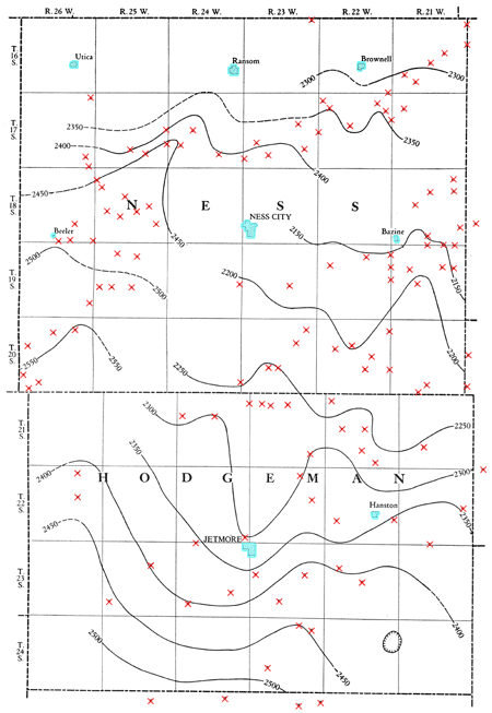 Beeler anticline west of Ness City; Bazine anticline is on east side of counties