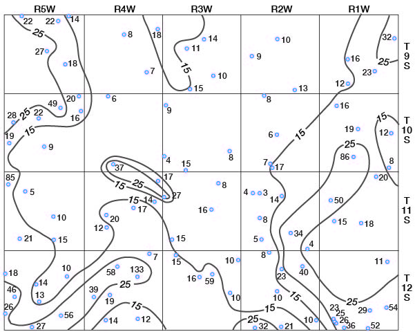 As high as 25 in west, far NE, SE, and SW; as low as 15 in north-central, central areas.