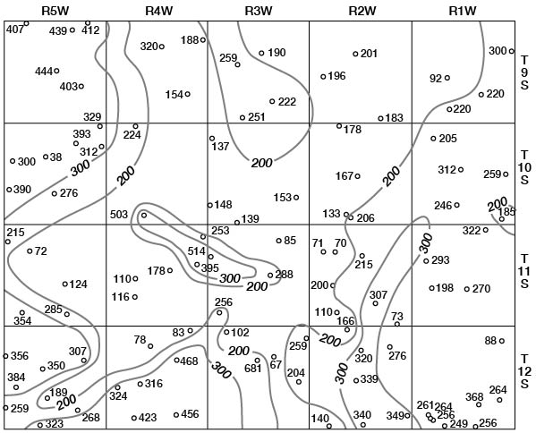 As high as 300 in west, SE, and SW; as low as 200 in NE, north-central, central areas.