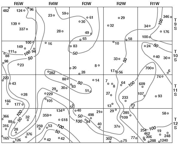 As high as 300 in west, SE, and NE; as low as 50 in north-central, central areas.