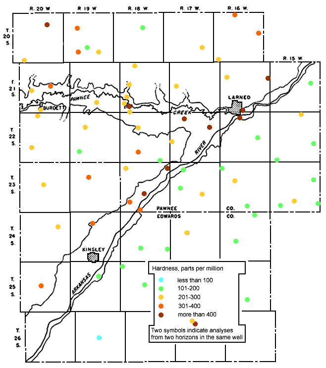 Hardness lowest in T26S, R19W; highest along Ark River anbd Pawnee Creek near Larned.