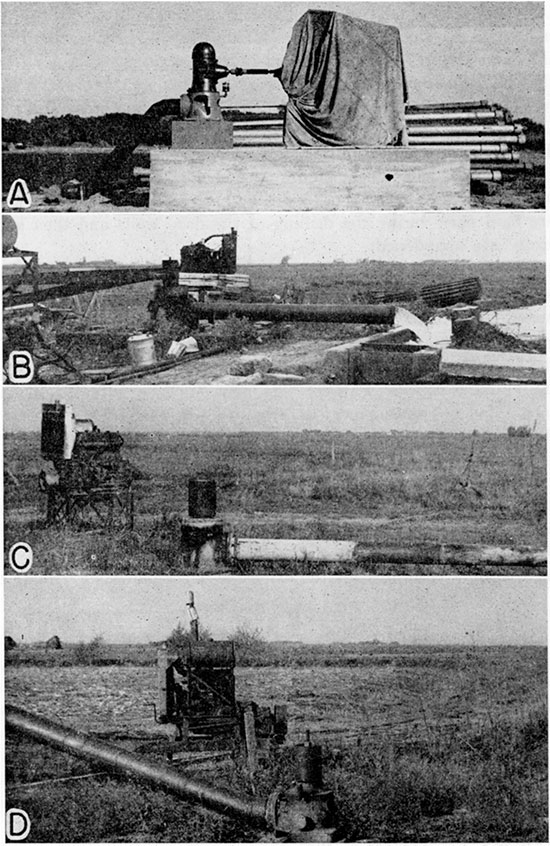 Four black and white photos of irrigation wells in the Pawnee-Edwards area.