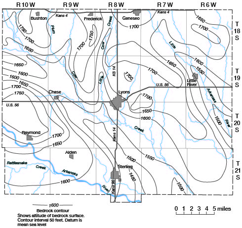 Bedrock has high of 1750 in west-central; lows of 1450-1500 in east along Little Ark River and in south near Sterling.