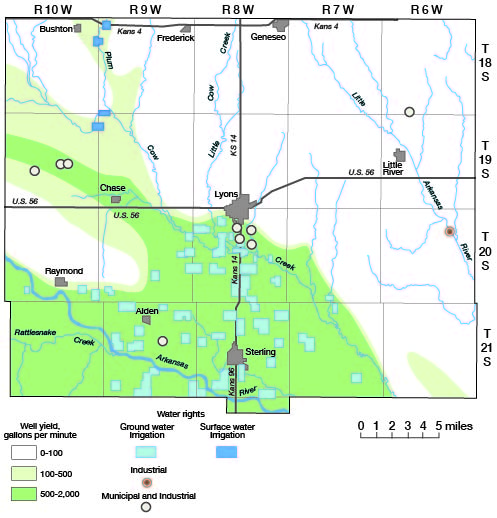 Irrigation rights (1970) located mostly in southwest quadrant, some in south between Sterling and Lyons.