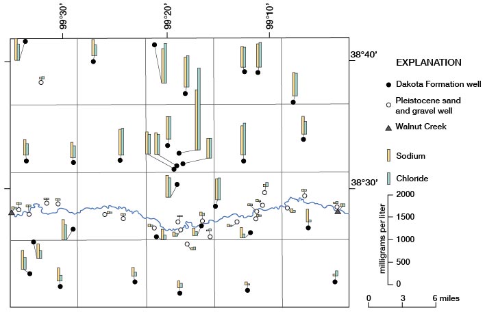 Lower values south of Walnut Creek; higher values north; highest in T 18 S., R. 18 W.