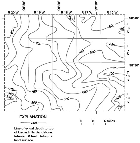 Cedar Hills is as shallow as 400 feet deep in east-central and SE Rush; as deep as 1500 in far SW and 850 in NW.