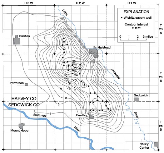 Map of Wichita well-field area showing lines of equal change in water level from August 30, 1940 to October 1, 1956.