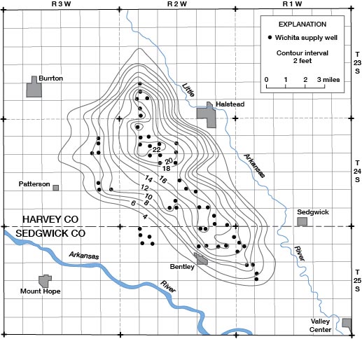 Map of Wichita well-field area, showing lines of equal change in water level from August 30, 1940, to January 1, 1960.