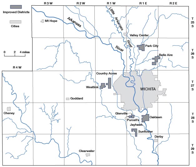 Map of Sedgwick County, Kansas, showing cities and improvement districts providing municipal water service.