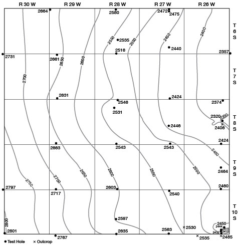 Bedrock at 2800 in SW and 2400 in NE.