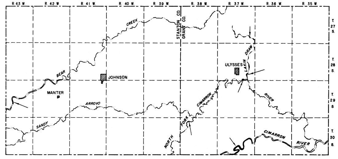 Phreatophytes in Bear Creek SW of Manter, on Lakin Draw east of Ulysses; on Cimarron River in SW Grant, and on North Fork Cimarron in far SW Grant.