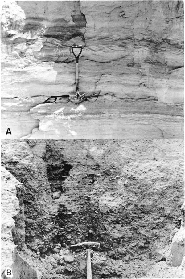 Top black and white photo: 8+ foot outcrop, shovel for scale, fine-grained Pearlette ash bed. Bottom black and white photo: freshly exposed gravel in outcrop, rock hammer for scale.