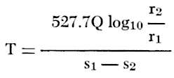 transmissibility = 527.7 times discharge rate times log base 10 of (r2 div r1) all divided by change in drawdown